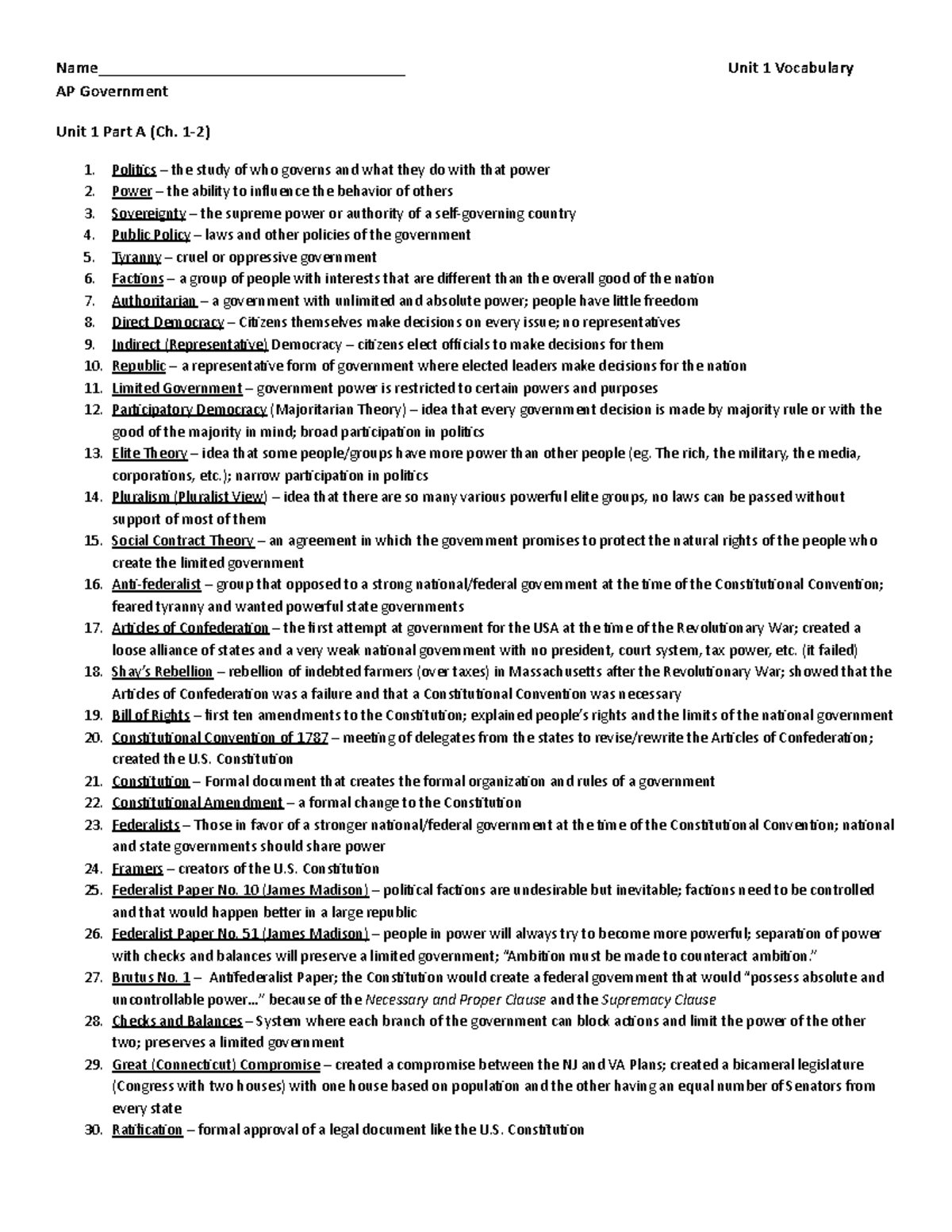 Master Unit 1 Vocabulary for AP Government and Politics Exam Preparation