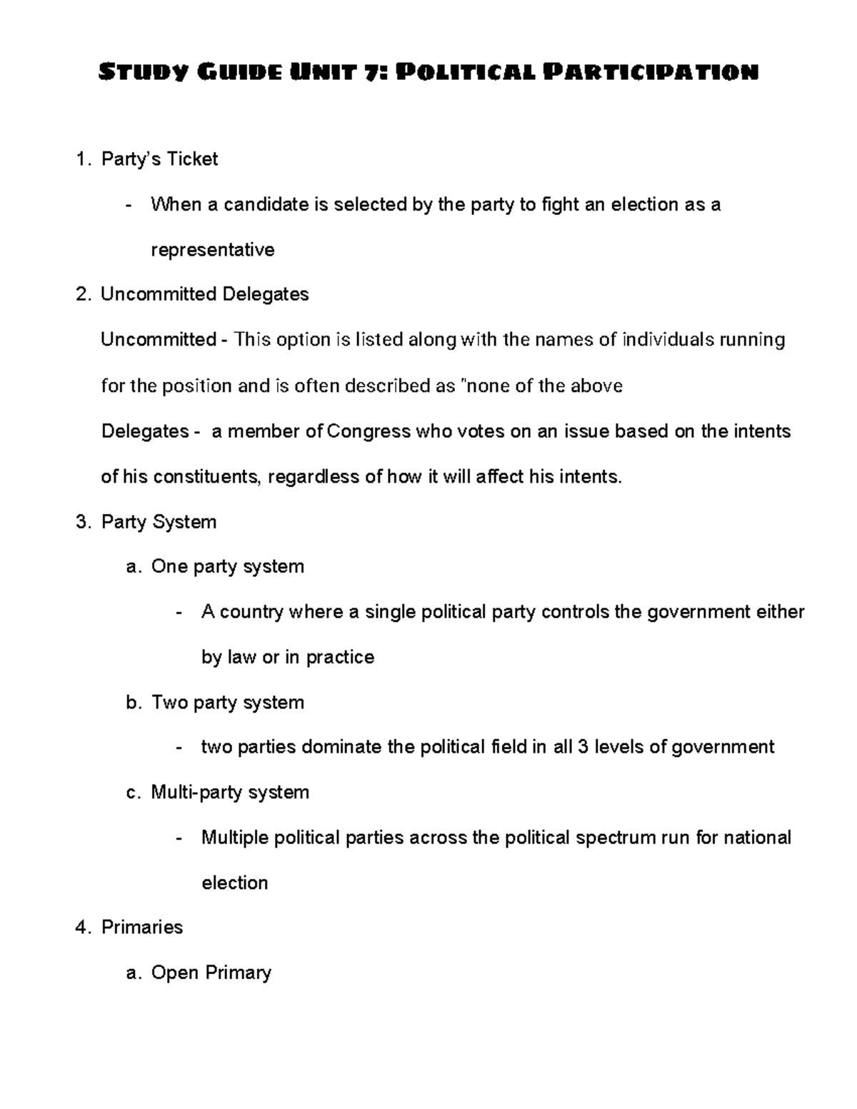 Unit 7 Study Guide: Political Participation Key Terms and Definitions